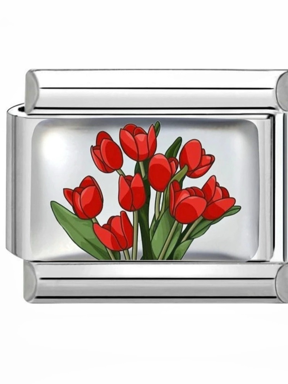 Italian Charm Bracelet Link Red Tulip Silver Tulip Floral Bracelet